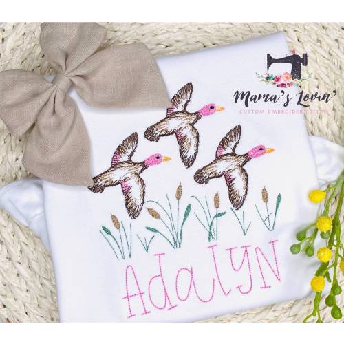 Embroidered Girls personalized flying Mallard duck/ duck hunting Ruffle tee/ Ruffle baby girl Gown