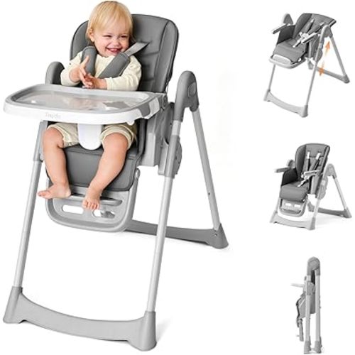 Tinyiota 4 in 1 High Chairs for Babies and Toddlers with Wheels, 8-Height Adjustable & 3-Position Recline, Easy Clean, Dishwasher Removable Tray, Foldable HighChair for Infant, Meets ASTM Safety, Grey