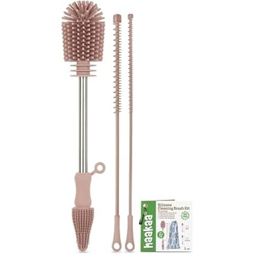 Haakaa Silicone Cleaning Brush Kit - Baby Bottle Brush Cleaner for Breast Pump,Nipple,Breast Milk Storage Bag,Reusable Straw,Sippy Cup - Food Grade Silicone Bristles, Portable - 3 Pcs - Pink