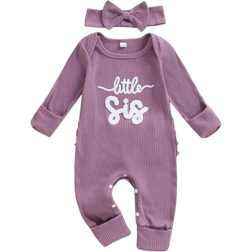 allshope Infant Baby Girl Fall Outfit Sweatshirt Romper Little Sister Lil Sis Long Sleeve Jumpsuit Onesie Newborn Clothes