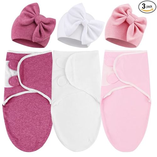 DRESHOW BQUBO 3 Pack Newborn Baby Swaddle Blanket with Hats Infant Adjustable Swaddling Wraps with Bear Ears Cap for 6-12 Lbs Newborns & 0-3 Months Girls Boys