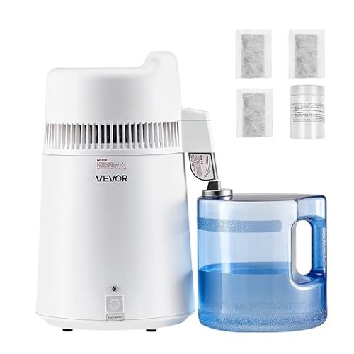 VEVOR Water Distiller, 6L/1.6 Gallon Large Distilled Machine, 900W Distilling Water Maker, 304 Stainless Steel Interior Stiller with Plastic Container, Countertop Distiller for Home, White