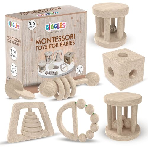 Giggles Montessori Toys for Babies 0-6 Months, Wooden Baby Toy Rattle, Teether, Teethers, Teething for Babies, Natural Wood, Baby Toys, Infant Circle Rattle, Rattles, Baby Wooden Toys 6-12