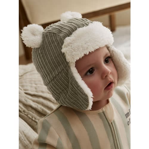 Sage Green Cord Baby Trapper Hat (0mths-2yrs)