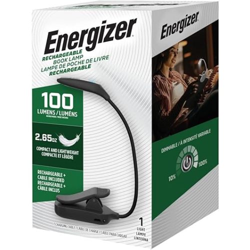 Energizer Rechargeable LED Book Light, Clip On Reading Light with Flexible Neck for Reading in Bed, Micro-USB Charging Cable Included, Pack of 1, Black