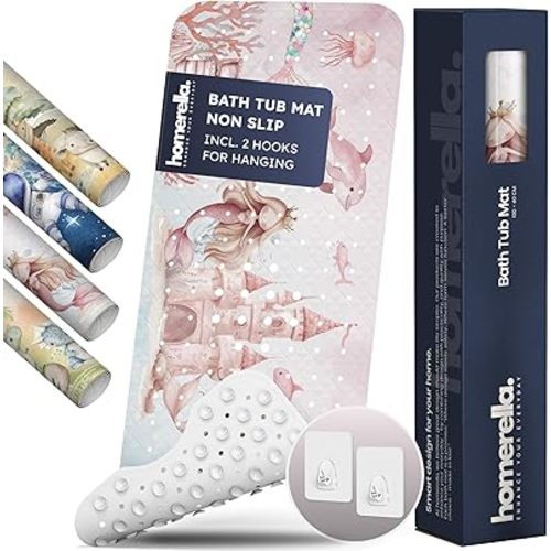 Homerella Baby Bathtub and Shower Mat Non Slip 40x16 Extra Long INKL. 2 Hooks for Storage, Cute & Safe Bath Tub Shower Mat Full Size with Suction Cups & Drain Holes Soft on Feet Machine Washable