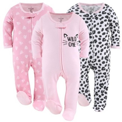 The Peanutshell Footed Baby Sleepers for Girls, Cheetah & Pink Hearts, 3-Pack, Newborn to 3 Months