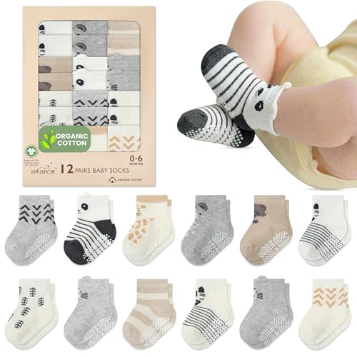 Organic Cotton GOTS Certified Infant Socks 12 Pair - Soft and Comfortable Infant Socks 0-6 Months, Premium Boys Cotton Socks, Gift for Newborn Boys