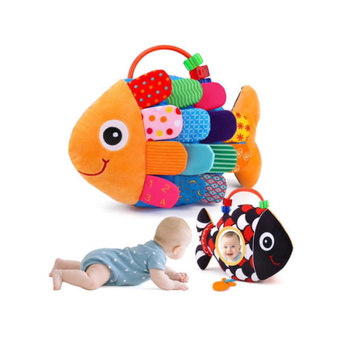 Baby Sensory Tummy Time Toys 0-6 Months Music Fish Toy for Newborn 3 4 5 6 Month Old Black and White High Contrast Infant Toys with Mirror Crinkle Rattle for 3-6 6-12 Months Baby Boy Girl Shower Gifts
