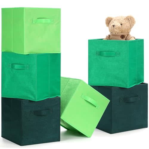 Karenhi 11" x 10. 5" x 10. 5" Green Storage Cube, 6 Pack Fabric Cube Storage Bins Organizer Box, Collapsible Baskets with Handles Foldable Shelf for Cloth Toys Home Room Closet, Pack of 6