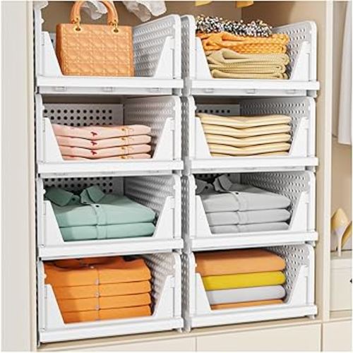 SNSLXH 5 Pack Stackable Closet Storage Basket, Multifunctional & Foldable Closet Organizer for Bathroom Kitchen Laundry Room Wardrobe Storage, Space-Saving Clothes Storage Drawer Organizer, White