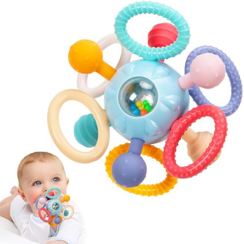Baby Teething Toys for 0-6 6-12 Months, BPA Free Food Grade Silicone Teether, Infant Sensory Chew Rattles Toys, Gifts for Infant Newborn Boys Girls 0 3 6 9 12 18 Months, Blue