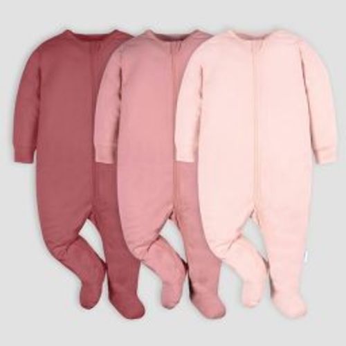 Gerber Baby 3pk Tonal Sleep N' Play - Pink Newborn: Cotton Knit Footed Pajamas, Long Sleeve, Inverted Zipper