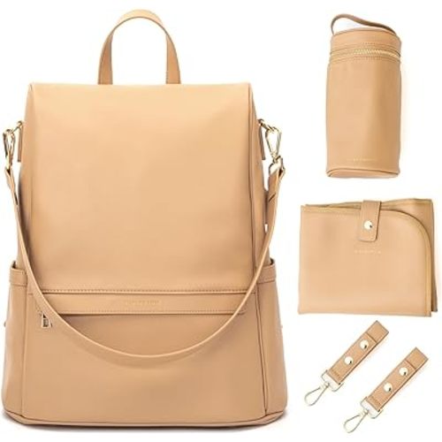 Leather Diaper Bag Backpack with USB Charging port, Changing Pad, Stroller Straps, and Bottle Holder (Brown Mia)