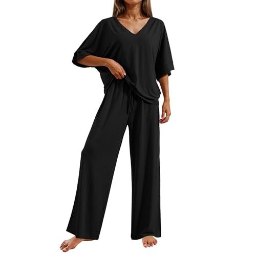 Ekouaer Pajama Sets for Women 2 Piece Lounge Set Short Sleeve Tops and Long Pants Soft Comfy Pjs Sleepwear Outfits S-XXL