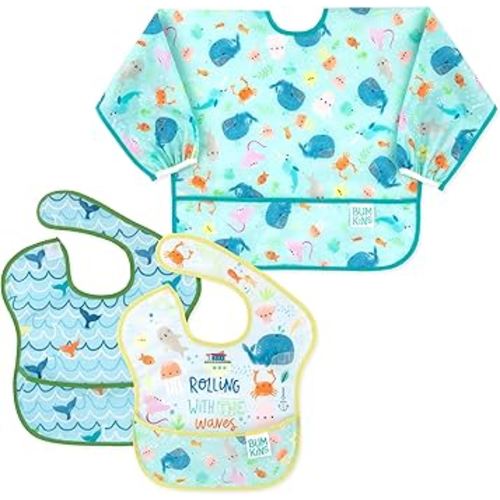 Bumkins - SuperBibs + Sleeved Bib - For Boys & Girls, Babies & Toddlers 6-24 Months - Lightweight, Durable, Waterproof - Catch-All Pocket -Wipeable & Machine Wash -Ocean Life & Whale Tail Blue -3 Pack