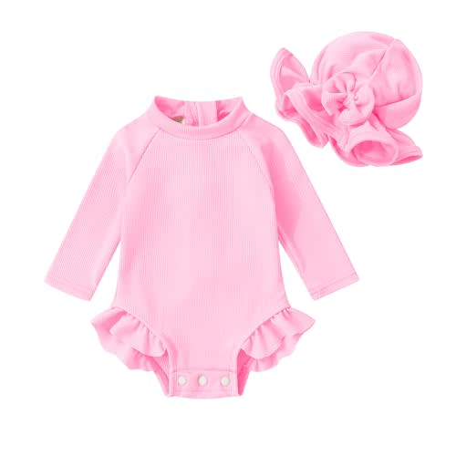 YOUNGER TREE Infant Baby Girls Swimsuit Long Sleeve Swimsuits One Piece Swimsuit Solid Color Bathing Suit with Hat, UPF 50+