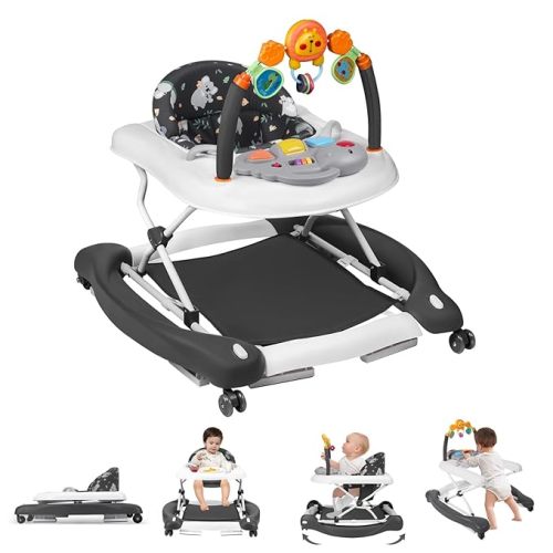 Baby Walker, 5 in 1 Baby Walkers for Boys Girls 6-12 Months, Foldable Walkers for Babies with Bouncer & Feeding Tray, Music, Adjustable Heights, Activity Walker for Infant