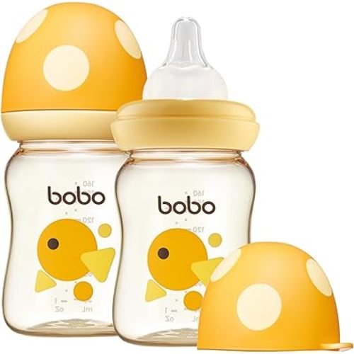 YOHKOH PPSU Baby Bottle Wide Neck, Newborn Anti-Colic Baby Bottle with Natural Response Nipple, Streamlined Body, Easy to Clean (5.4oz (Pack of 2), Yellow)