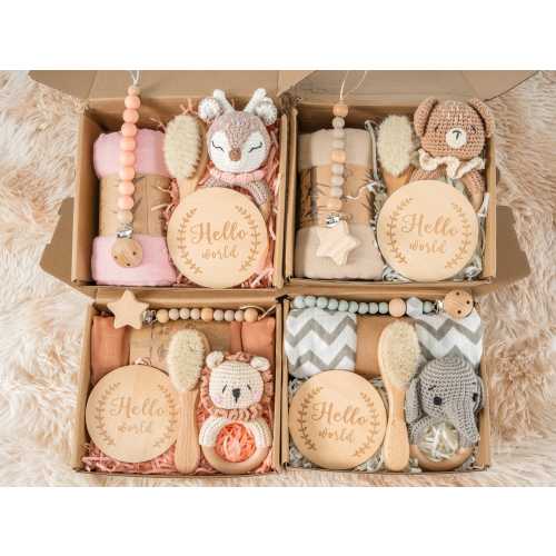 Baby Shower Gifts Box with Crochet Animal Rattle Pacifier Chain, Baby Rattle Set, Baby Welcome Box, New Baby Gift Box, Newborn Gift Box