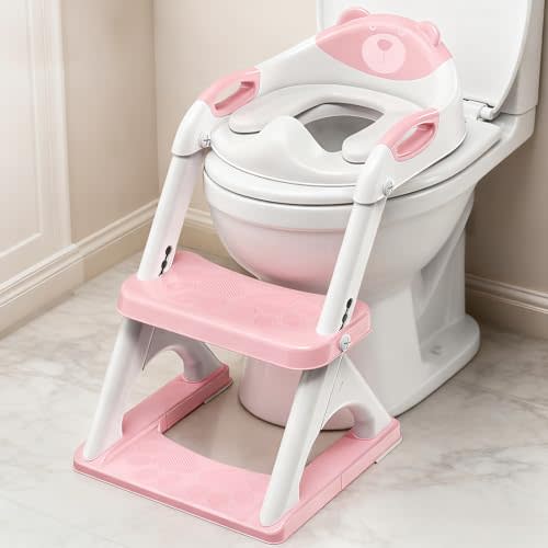 SKYROKU Potty Training Seat for Toddlers – 2-in-1 Adjustable potty ladder with Step Stool, Anti-Slip Cushion, Splash Guard & Extra-Wide Pedals, Supports 200+ lbs, Ideal for Boys & Girls (8899-Pink)