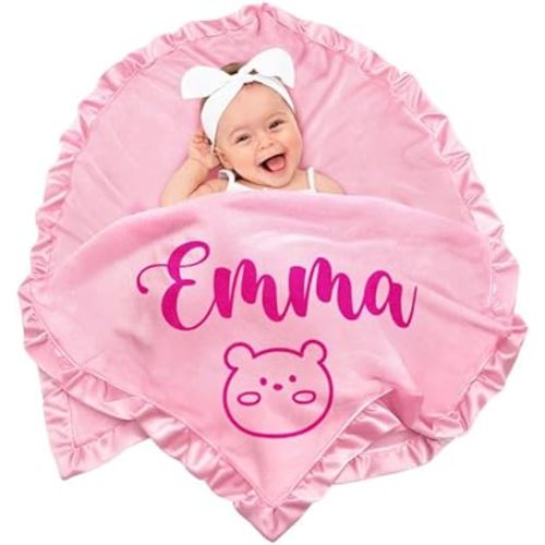 Gowelly Manta de bebé personalizada con nombre y fecha de nacimiento, manta de franela de algodón para bebés recién nacidos, niños y bebés (rosa bebé)