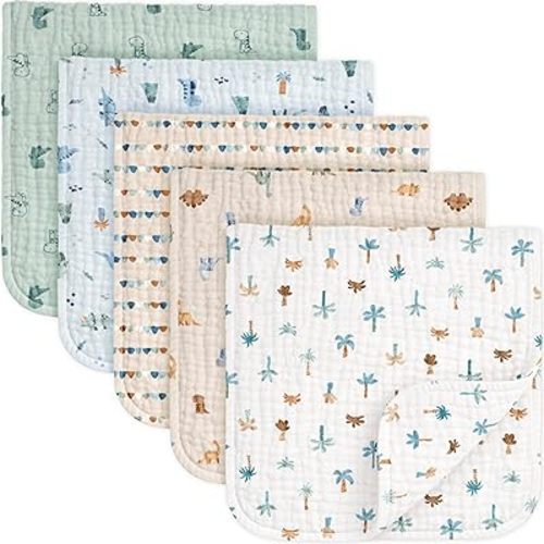 KeaBabies Organic Muslin Burp Cloths Baby Boy, Girl – 5-Pack 100% Cotton Muslin Burping Cloths for Babies, Newborn, 21x10 Large & Absorbent Spit Up Rags, Baby Washcloth, Infant Towels (Dino Park)
