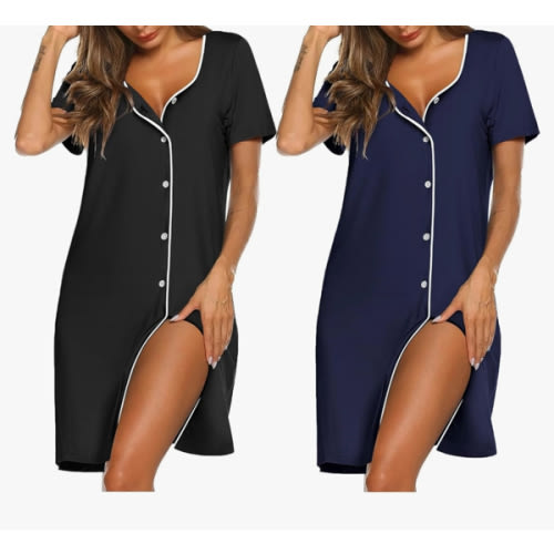 Ekouaer Nightgowns for Women 2 Pack Button Down Sleepshirt Short Sleeve Nightshirt Soft Sleepwear V Neck Pajama Dress