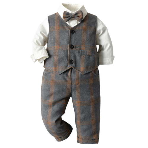 Boy Dress Clothes 0-3 Months Baby Boy Clothes Set Infant Tuxedo Long Sleeve Gentleman Suit Outfits + Beret Hat + Suspender Pants + Bowtie 0-18M