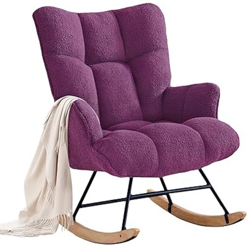 Zedachica Rocking Chair Nursery Teddy Upholstered Glider Rocker Rocking Accent Chair Padded Seat with High Backrest Armchair Comfy Side Chair for Living Room Bedroom Offices (Purple Teddy)