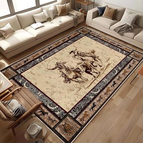 Western Rug 5x7 ft Coyboys Area Rug for Living Room, Low-Plie Non-Slip Machine Washable Indoor Carpet for Bedroom Nursery Dining Room Kitchen Office