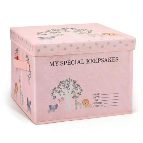 LemonRoad Baby Keepsake Forest Jungle Animals Adventurers Box, Pink, Animal | 13 in Large Storage for Baby Keepsakes, Adventurers Gift Idea Keepsake Box, New Parent Newborn Baptismal Birthday Gift
