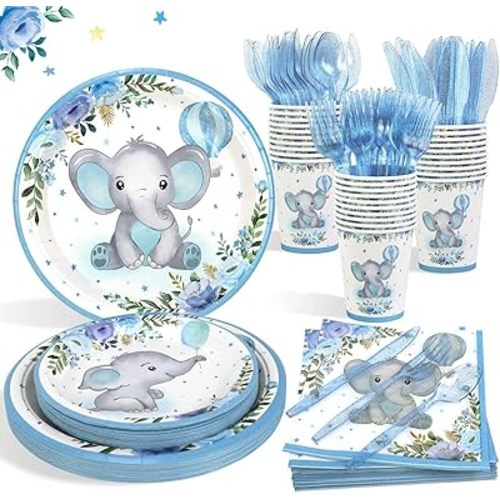 175Pcs Baby Boy Shower Decorations Plates Set for 25 Guests, Elephant Baby Shower Paper Plates Napkins Cups and Utensils Tableware Blue Floral Theme Birthday Party Supplies
