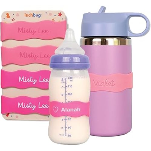 InchBug Orbit Labels Baby Bottle and Water Bottle Silicone Name Bands – Personalized Reusable Label Set for Daycare, Sippy Cups, Preschool, Elementary School, Dishwasher Safe (Blushing Cheeks) 4-Pack