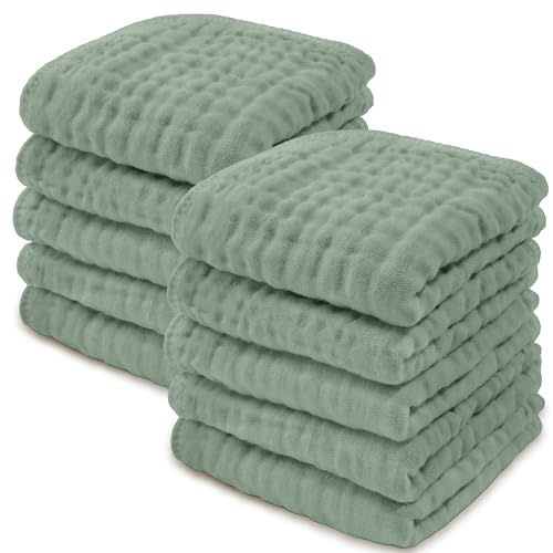 Comfy Cubs Muslin Baby Washcloths 10 Pack - Soft 6-Layer Cotton Wash Cloths for Sensitive Skin - 10"x10" Large, Gentle, Absorbent Infant Essentials for Newborn and Toddlers - (Fern)