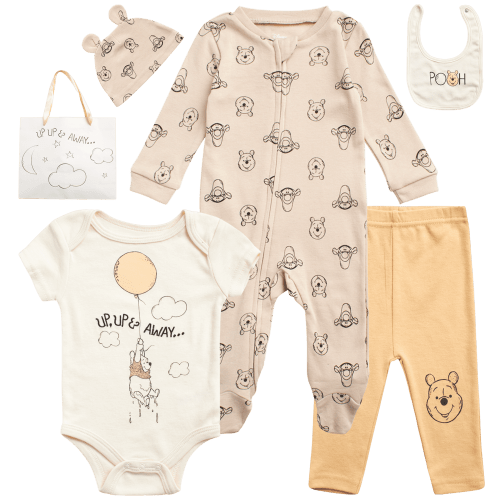 Disney Newborn Baby Layette Set - 6 Piece Disney Bodysuit Coveralls Sweatpants, Hat, Gift Bag (0-6M)