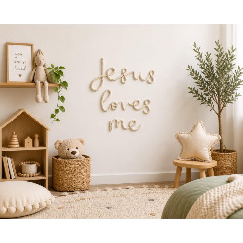 Jesus Loves Me Knit Wall Hanging | Christian Nursery Decor, Bible Verse Art