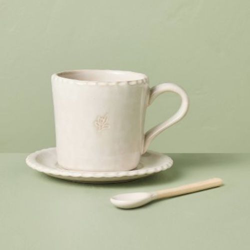 8 fl oz Pinched Edge Teacup with Saucer and Spoon Sour Cream - Hearth & Hand™ with Magnolia