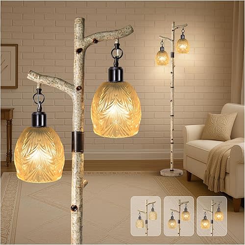 Scenekoy Retro 68.5” Tall Floor Lamp With Carving Shade, Farmhouse Resin Standing Lamp & Faux Birch Tree Finish, Dimmable Corner Lamp Stand Up Light with Bulb Prefer for Living Room Bedroom Home Decor