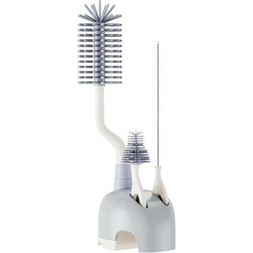 Silicone Bottle Brush Set with Stand, 360° Rotating Bottle Cleaning Brush Cleaner Set, Long Handle 3 in 1 Multipurpose Silicone Baby Bottle Straw Cleaner Brush (Grey)