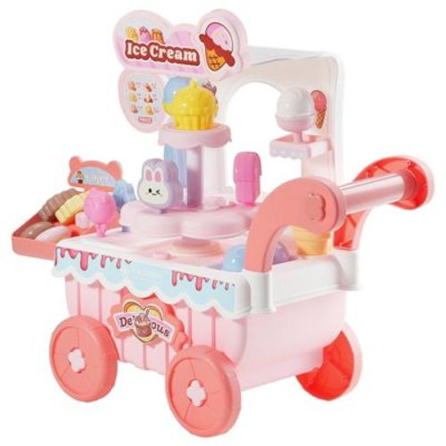 Ice Cream Cart for Kids, 27 PCS Pretend Play Store with Storage, Money, Lights & Sounds, Montessori Toy for Toddlers 3+ (Pink)
