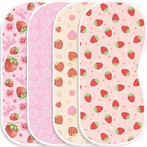 Baby Burp Cloths, 4 Pack 100% Cotton Muslin with Strawberry Print, Super Absorbent Washcloths for Infants, Perfect Newborn Baby Boy & Girl Gift
