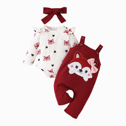 ORT Baby Girl Fall Winter Clothes Long Sleeve Romper + Bow Print Pants + Headband Set 3pcs Newborn Infant Girl Outfits(Wine,0-3 M)