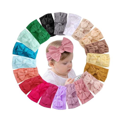 Baby Girls' Headband Set, 20 Pieces Stretchy Nylon with Bows, Lightweight & Soft, for Newborn to Toddler
