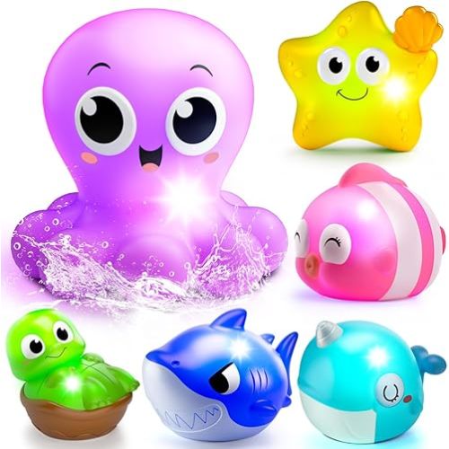 6 Packs Light Up Bath Toys for Kids Ages 1-3, Sea Animals Bathtub Toys for Baby 12-18 Months Toddlers 2-4, Water Activated Pool Toys for 1 2 Year Old Boy Girl Gifts