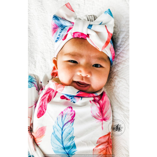 Watercolor Feathers Baby Swaddle Set with Monogram Personalization Option | Newborn Swaddle Set with Headband | Baby Shower Gift