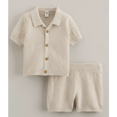 Short Sleeve Knit Button-Up Shirt & Shorts Set, 9M