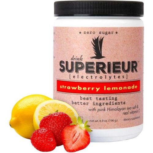 Superieur Electrolytes–Plant Based Electrolyte Supplement w/Sea Minerals for Hydration & Recovery–Keto Friendly, Non-GMO, Zero Sugar, Vegan Healthy Sports Drink Powder–Strawberry Lemon(70 Serv)