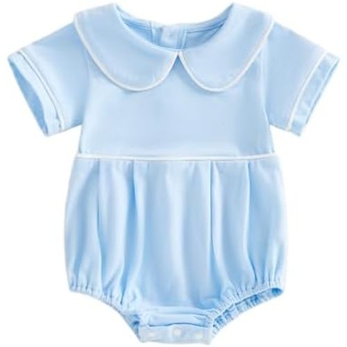 Lamuusaa Newborn Baby Girl Boy Clothes Summer Short Sleeve Peter Pan Romper One Piece Bodysuit Shirts 0 3 6 12 18 Months
