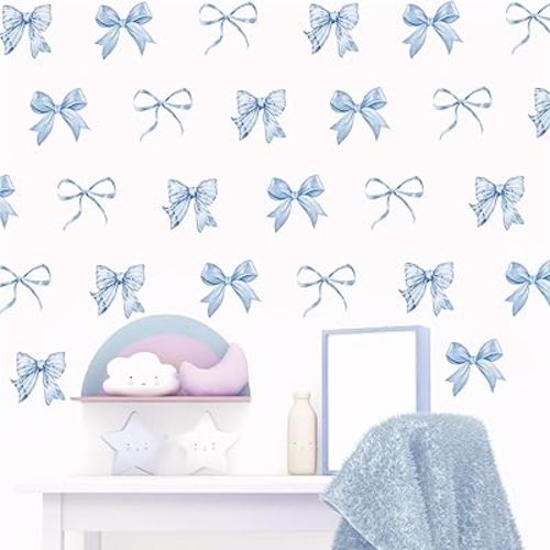 Whaline 12 Sheets Valentine's Day Trendy Blue Bow Wall Stickers Watercolor Light Blue Bow Wall Decals Room Mural Stickers for Kids Bedroom Coquette Birthday Party Home Nursery Decor, 7.9 x 11.8 Inch